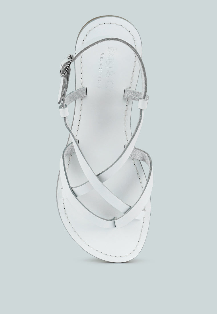 RITA White Strappy Flat Leather Sandals#color_white