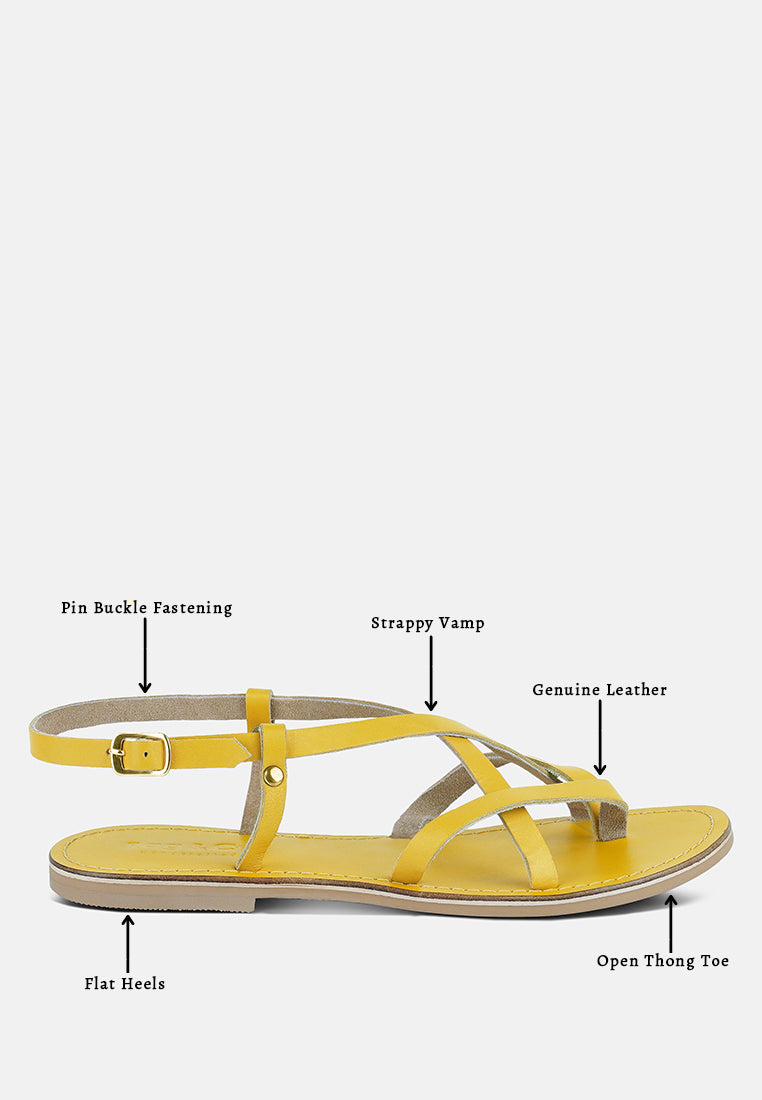 RITA Yellow Strappy Flat Leather Sandals#color_Yellow