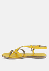 RITA Yellow Strappy Flat Leather Sandals#color_Yellow
