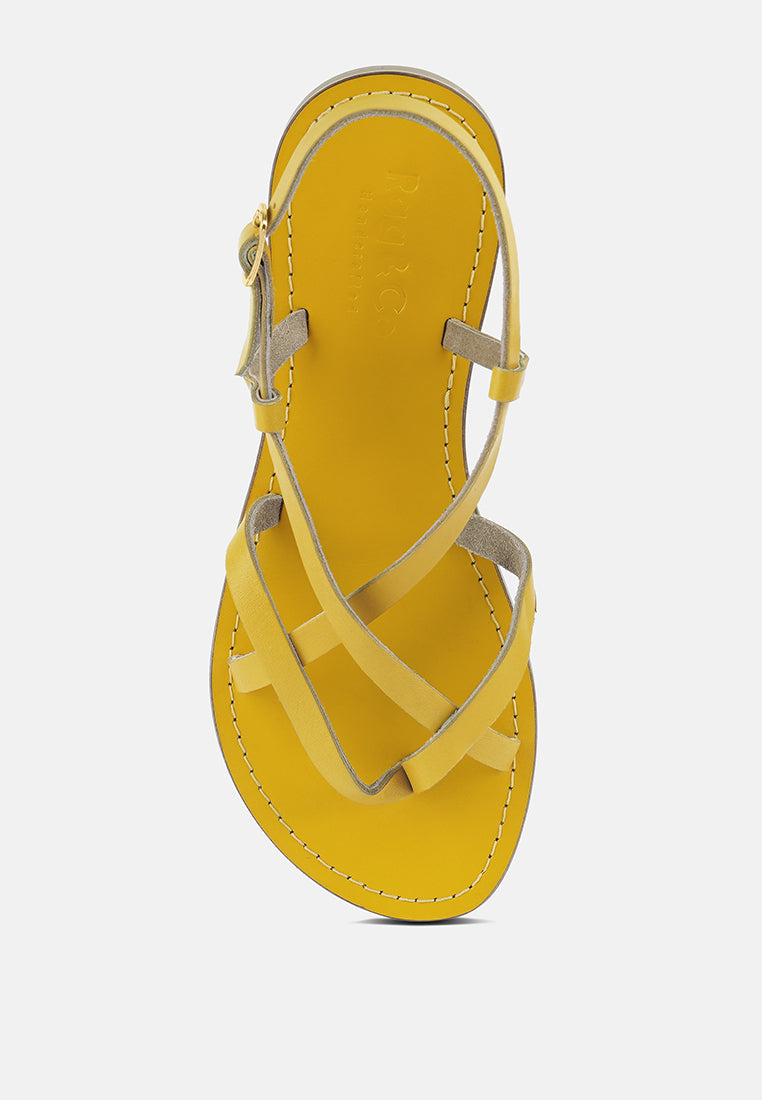 RITA Yellow Strappy Flat Leather Sandals#color_Yellow