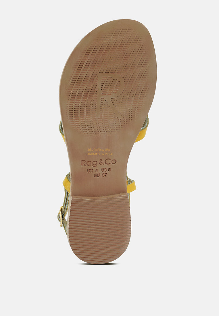 RITA Yellow Strappy Flat Leather Sandals#color_Yellow