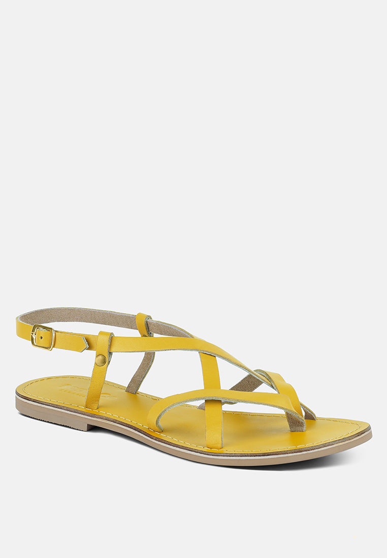 RITA Yellow Strappy Flat Leather Sandals#color_Yellow