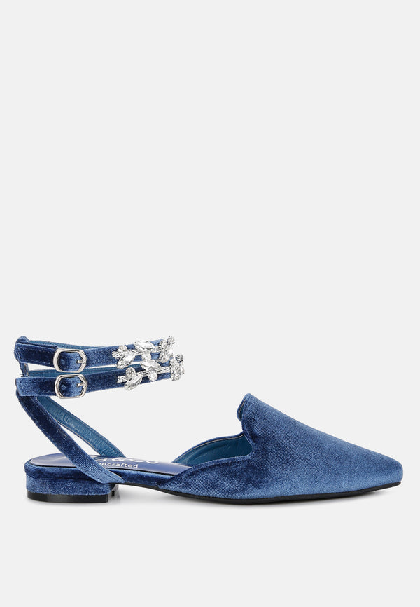 salome blue velvet luxe jewelled flat mules#color_blue