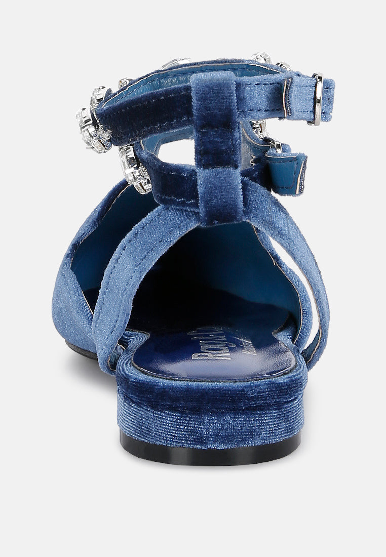 salome blue velvet luxe jewelled flat mules#color_blue